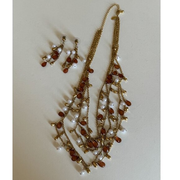 Premier Jewelry Gold Multi-Strand Necklace Earrings Set Faux Pearls Amber Color - Picture 1 of 9